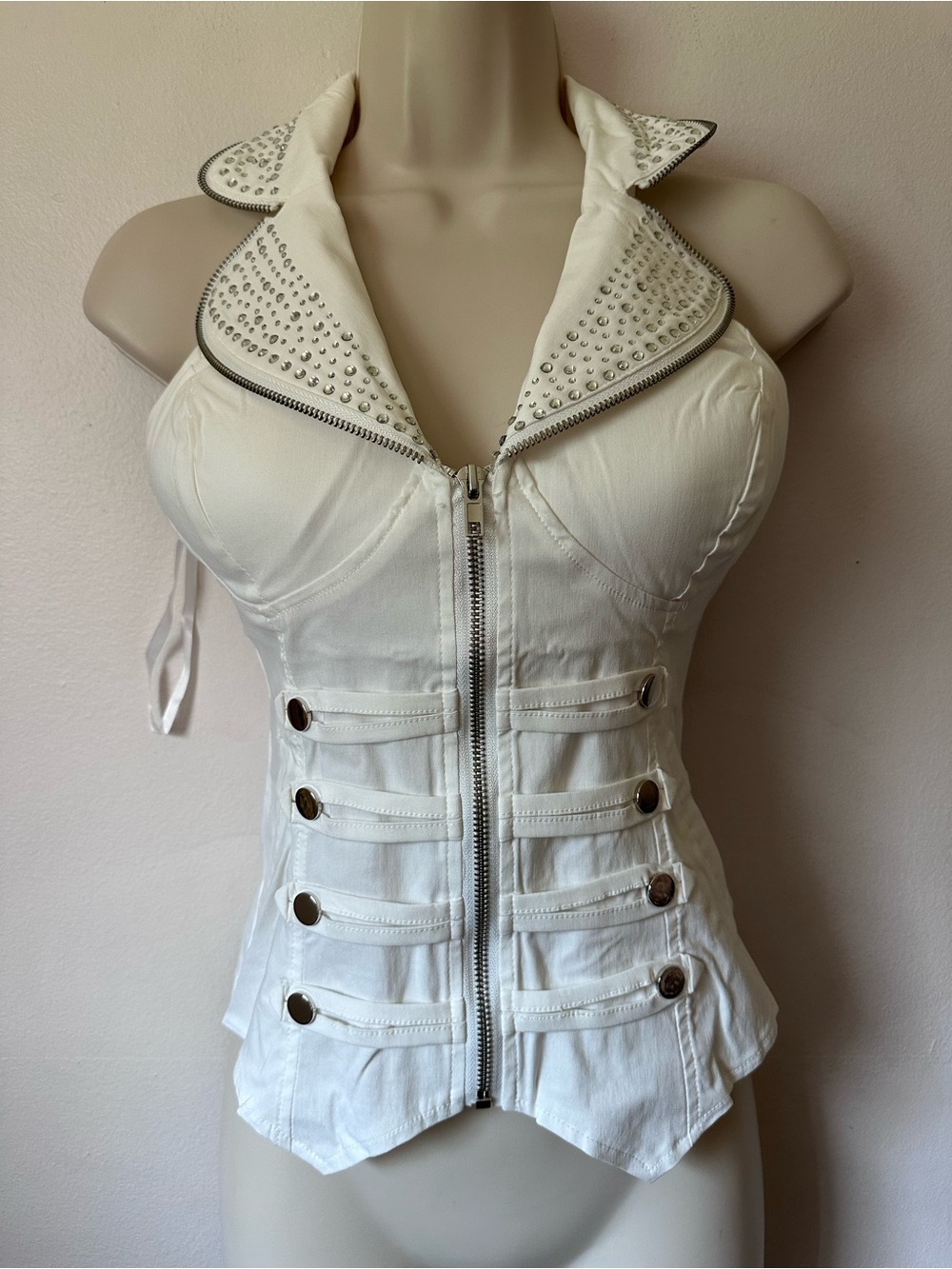 White Stud-Trim Zip Front Women's Jacket